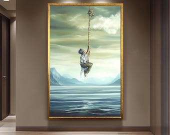 Surreal Inspirational Wall Art of Boy Climbing Rope into the Sky over Water and Mountains in Dreamlike Oil Painting Style, Surreal Wall Art