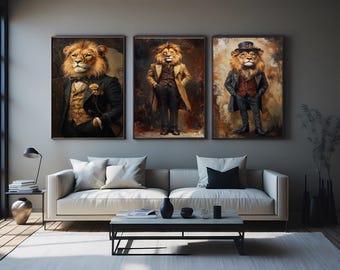 Stylish Lion Gentleman Canvas Art  Sophisticated Anthropomorphic Lion Portraits in Vintage Suits for Classy Home or Office Decor Lion Canvas
