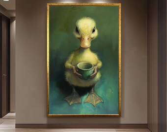 Surreal Duck Oil Painting Wall Art, Whimsical Animal Artwork, Cute Duck Holding Cup Print, Vintage Aesthetic Home Decor, Cottagecore Gift