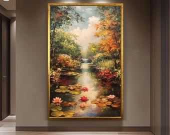 Vintage Garden Pond Oil Painting with Water Lilies and Waterfall Romantic Floral Landscape Art Canvas for Nature Lovers and Home Decor