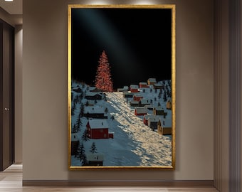 Snowy Winter Village Scene With Glowing Christmas Tree Lights – Cozy Holiday Landscape Wall Art Print For Seasonal Home Decoration Color Art