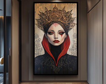 Surreal Gothic Queen Wall Art, Mysterious Royal Portrait Print, Dark Fantasy Canvas Decor, Moody Regal Artwork for Spooky or Elegant Homes