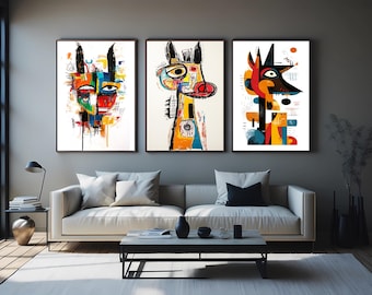 Modern Abstract Donkey Wall Art Set of 3, Colorful Cubist Animal Canvas Prints, Urban Graffiti Style Art for Creative Home Decor Animal Art