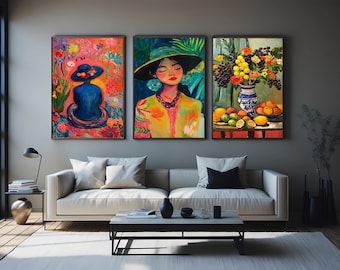 Vibrant Portrait and Still Life Wall Art Set of 3 – Colorful Female Figures, Floral Scenes and Fruit Arrangement for Bold Home Decor
