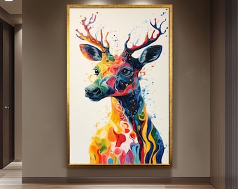 Colorful Surreal Deer Canvas Wall Art Print – Whimsical Forest Animal Decor for Living Room, Nursery or Cabin Unique Nature Lover Gift Idea