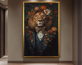 Elegant Floral Lion Wall Art Print – Surreal Animal Portrait in Suit with Flowers – Regal Jungle King Fantasy Home Decor, Whimsical Lion Art