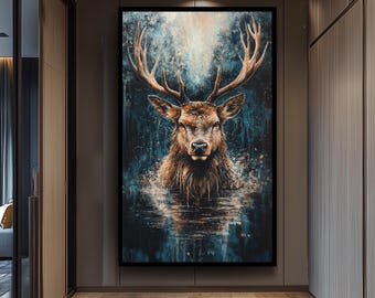 Majestic Stag Wall Art Print, Surreal Deer Painting with Antlers in Water, Woodland Animal Artwork for Rustic Cabin or Nature Decor Deer Art