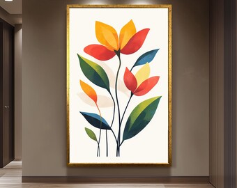 Midcentury Modern Tropical Flower Wall Art Print, Colorful Minimalist Botanical Poster Inspired by Matisse for Retro Boho Decor Floral Print