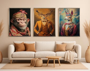 Elegant Animal Portrait Wall Art Set of 3 – Dressed Deer, Regal Llama with Flowers, Royal Chimpanzee in Ornate Attire Prints Animal Wall Art