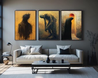 Gothic Horror Canvas Print Set, Decaying Faces Surreal Wall Art, Dark Creepy Portrait Decor, Haunted Artwork for Spooky Home or Office