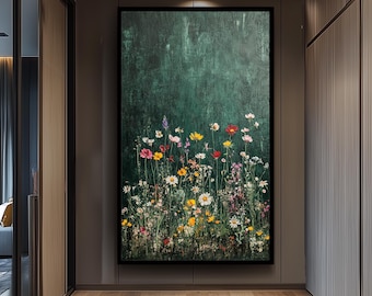 Vibrant Wildflowers on Dark Green Canvas Wall Art, Colorful Botanical Painting for Cottagecore Nature Themed Home Decor Accent Nature Print