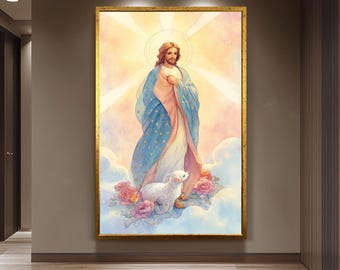 Jesus Christ Watercolor Wall Art with Lamb and Blue Star Robe Pastel Christian Nursery Decor Inspirational Print for Prayer Room Jesus Print