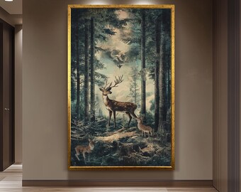 Enchanted Forest Deer Artwork, Mystical Wildlife Wall Art, Vintage Nature Scene Print, Majestic Stag and Fawns, Rustic Woodland Decor
