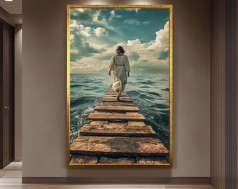 Jesus Walking on Water Pier Canvas – Serene Christian Wall Art for Faithful Home Decor, Spiritual Gift or Peaceful Religious Room Accent