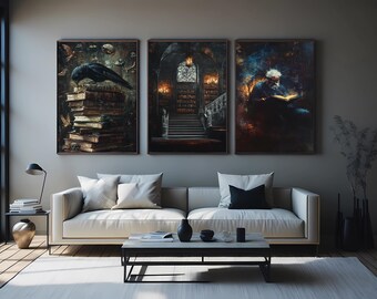 Gothic Dark Academia Wall Art Set Of 3 Prints With Haunted Library Crow And Wizard Reading For Mysterious Moody Home Decor Dark Wall Decor