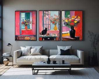 Colorful Floral Still Life Wall Art Set of 3 – Vibrant Vase Flower Paintings with Cat and Window Scene for Bright Home Decor Color Wall Art