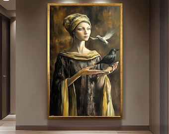Mystical Woman Wall Art in Golden Robe with Crow and Dove | Surreal Fantasy Portrait with Symbolic Birds and Renaissance Elegance, Woman Art