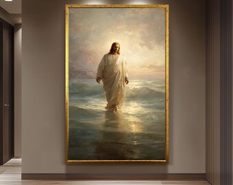Jesus Walking on Water Classical Religious Painting Faith Wall Art Print in Golden Light for Christian Home Decor or Prayer Room Jesus Art