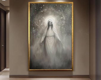 Virgin Mary Canvas Art: Monochrome Celestial Painting