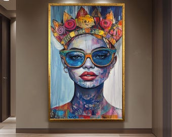 Colorful Queen Portrait Wall Art Surreal Woman with Crown and Glasses Abstract Expressionist Pop Art Canvas Bold Feminine Home Decor