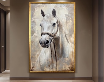 Elegant White Horse Oil Painting on Canvas, Realistic Equestrian Wall Art with Bridle, Rustic Farmhouse Decor for Living Room Horse Wall Art