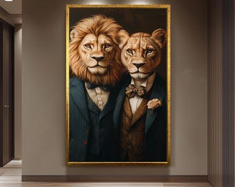Elegant Surreal Lion Couple Wall Art  Sophisticated Animal Portrait in Vintage Suits and Bow Ties  Classy Canvas for Stylish Spaces