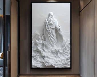 White Jesus Wall Art Sculpture in 3D Walking on Water Scene, Spiritual Christian Decor for Faithful Home or Prayer Room Surreal Jesus Canvas