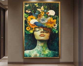 Surreal Woman Portrait With Bird And Flowers Wall Art, Nature Inspired Feminine Fantasy Painting For Whimsical And Boho Home Decor Woman Art