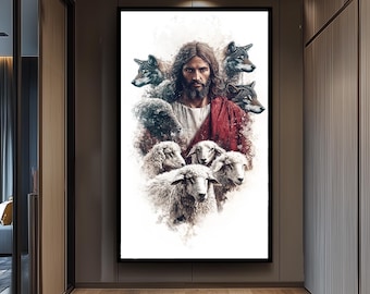 Jesus Among Sheep and Wolves  Print Christian Wall Decor Spiritual Religious Artwork Symbolic Faith Based Design for Modern Sacred Interiors