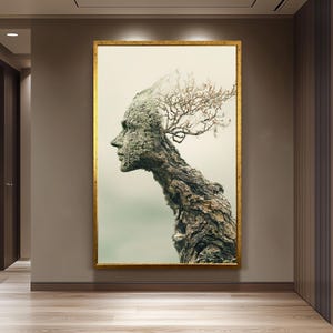 Surreal Tree Human Face Wall Art Nature Spirit Canvas Print, Abstract Wooden Sculpture Portrait for Organic and Earthy Home Décor, Tree Art