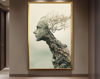 Surreal Tree Human Face Wall Art Nature Spirit Canvas Print, Abstract Wooden Sculpture Portrait for Organic and Earthy Home Décor, Tree Art