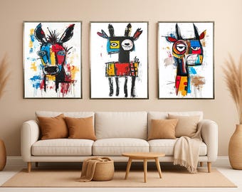 Abstract Donkey Art Print Set of 3 Colorful Graffiti Style Canvas Wall Decor, Bold Urban Animal Artwork for Modern Home or Studio Animal Art
