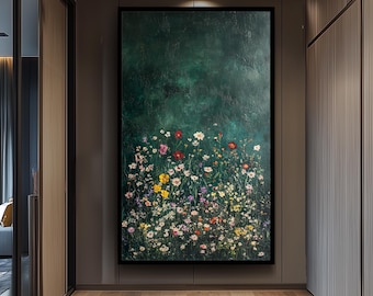Dark Green Wildflower Meadow Wall Art Print, Botanical Canvas Painting for Nature Inspired Home Decor, Colorful Floral Wall Art Nature Print