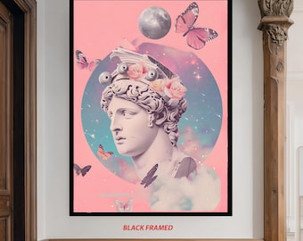 Aesthetic Greek Statue Wall Art with Surreal Pastel Space Background, Butterflies and Roses for Dreamy Vaporwave Room Decor Pop Wall Art