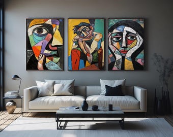 Abstract Cubist Portrait Wall Art Set of 3 – Colorful Geometric Face Paintings for Modern Artistic Home and Office Decor Geometric Wall Art