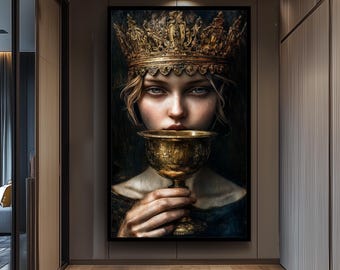 Regal Surreal Portrait Wall Art of Enigmatic Woman with Ornate Golden Crown and Chalice in Moody Renaissance Fantasy Style, Crown Woman Art