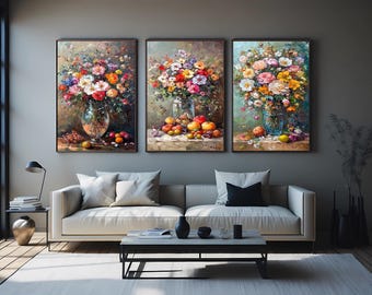 Romantic Floral Still Life Wall Art Set of 3 – Colorful Flower Bouquet Paintings in Vase with Fruits for Living Room Décor Floral Wall Art
