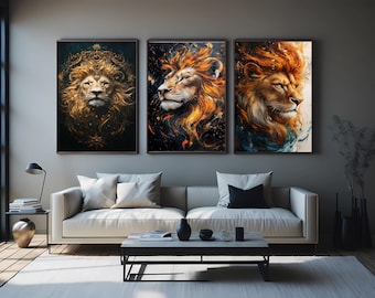 Majestic Lion Abstract Wall Art Set of 3 – Fiery Modern Lion Prints with Gold Accents and Royal Crowned Jungle King Surreal Lion Wall Decor