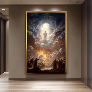 May include: A framed religious painting depicts a figure in white robes ascending into a bright light amidst swirling clouds. Below, a crowd of people in dark robes looks upward. The artwork has a gold frame and is displayed in a room with wood flooring.