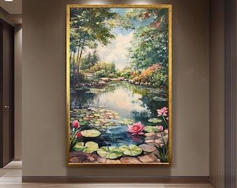 Vintage Lily Pond Oil Painting Romantic Style, Textured Canvas Wall Art for Living Room or Bedroom Classic Floral Nature Inspired Home Decor