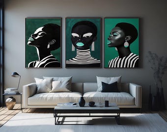 Afro Woman Portrait Art Set – Modern Black Woman Wall Art Prints, Minimalist Afrocentric Decor for Living Room, Bedroom or Gallery Wall Art