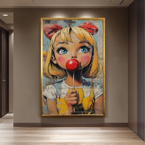 Whimsical Pop Art Girl with Lollipop Wall Art, Retro Cartoon-Style Portrait Canvas Print with Bold Colors for Playful Modern Décor Girl Art