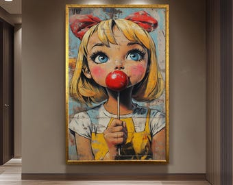 Whimsical Pop Art Girl with Lollipop Wall Art, Retro Cartoon-Style Portrait Canvas Print with Bold Colors for Playful Modern Décor Girl Art
