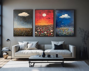 Wildflower Field Canvas Print Set, Modern Botanical Landscape Wall Art for Living Room or Bedroom, Nature Inspired Floral Meadow Home Decor