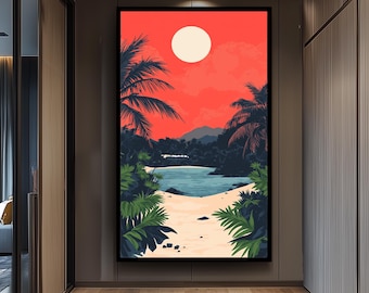 Retro Tropical Beach Sunset Poster – Minimalist Vector Wall Art with Palm Trees, Vintage Ocean Landscape for Summer and Coastal Decor