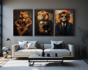 Lion in Suit Wall Art Set of 3 – Dapper and Distinguished Lion Portraits in Suits and Glasses for Classy Modern Animal Decor  Lion Wall Art