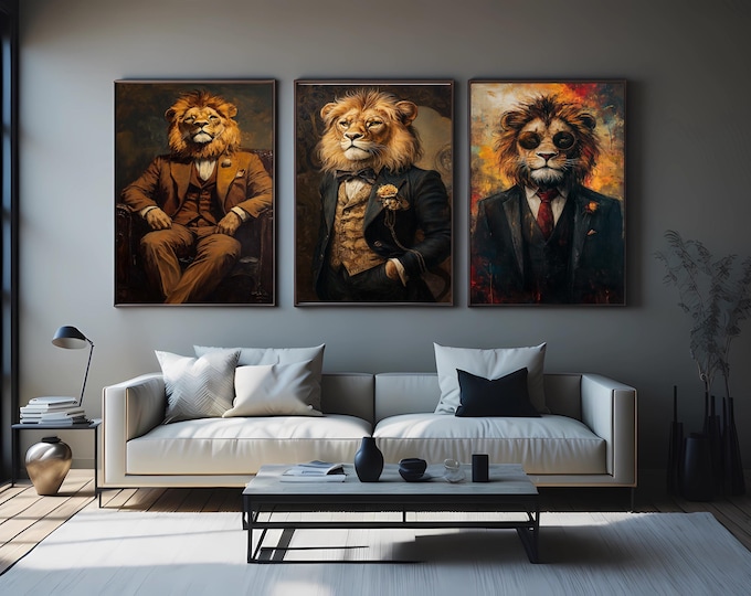 Featured listing image: Lion in Suit Wall Art Set of 3 – Dapper and Distinguished Lion Portraits in Suits and Glasses for Classy Modern Animal Decor  Lion Wall Art