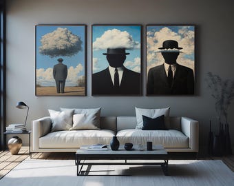 Magritte Inspired Surrealist Cloud Head Canvas Art - Modern Home Decor