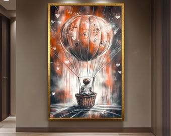 Graffiti-Style Hot Air Balloon Art, Whimsical Child Adventure Painting, Dreamy Urban Street Art, Surreal Fantasy Wall Decor, Modern Decor