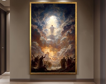 Heavenly Ascension of Jesus Christ Art Print  Glorious Religious Wall Decor with Divine Clouds, Light Rays and Worshiping Saints Jesus Art